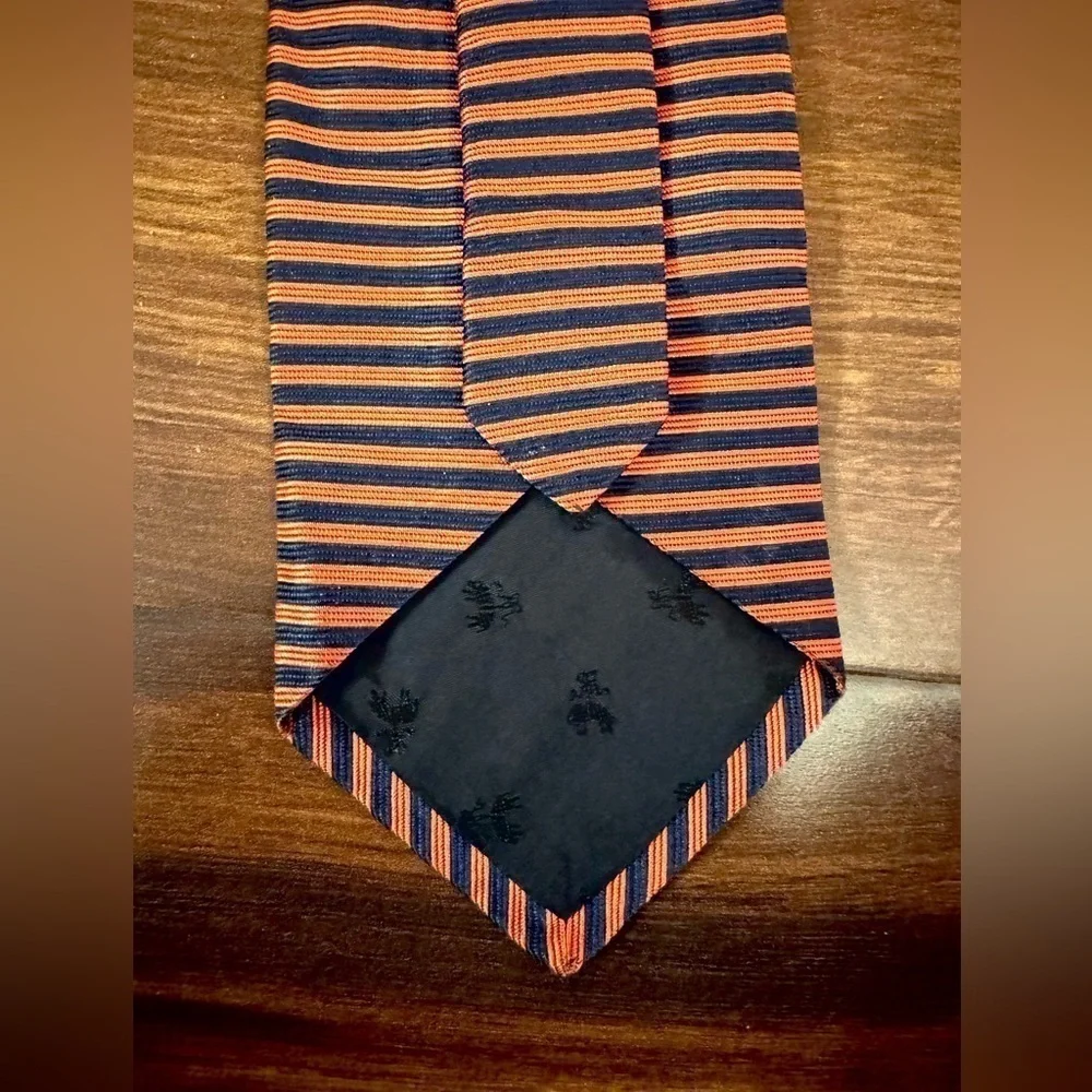 🌿SALE🌿BROOKS BROTHERS Red Orange Stripes on Blue Background All Silk Necktie